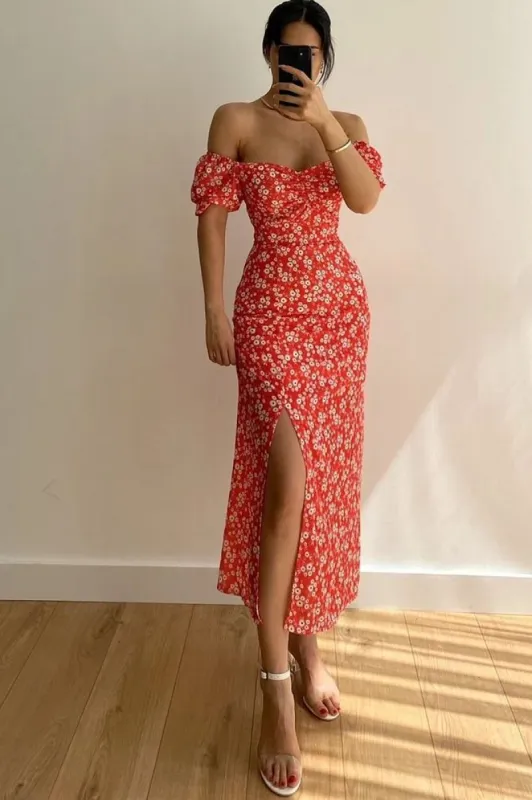 Danielle Red Floral Midi Dress sold by Va Va Voom