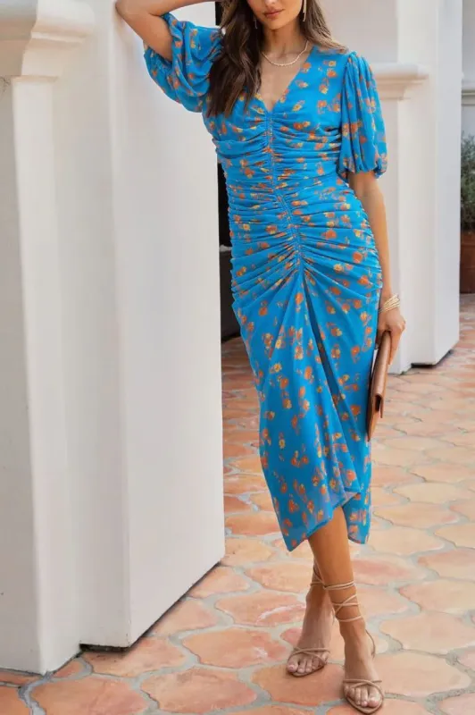 Gloria Blue Floral Ruched Dress sold by Va Va Voom