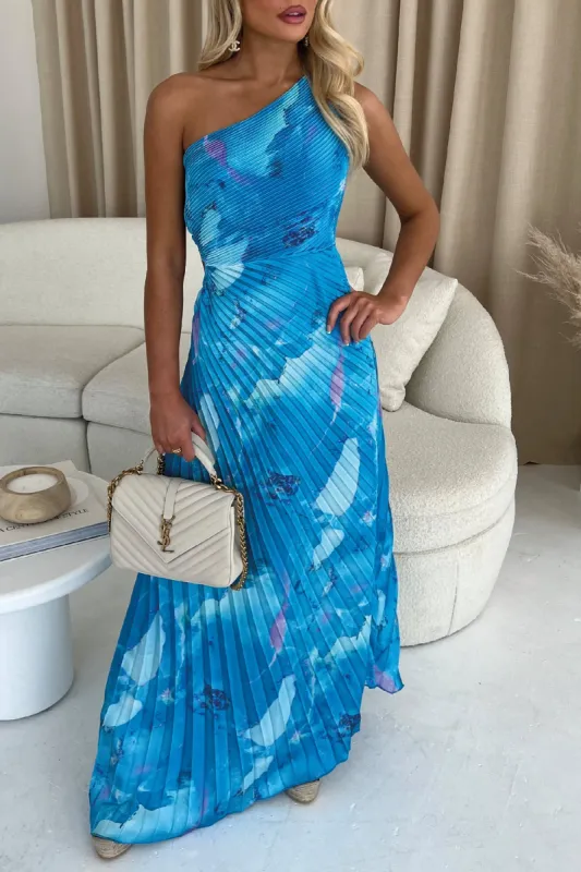 Tamika Blue Plisse Marble Print Dress sold by Va Va Voom