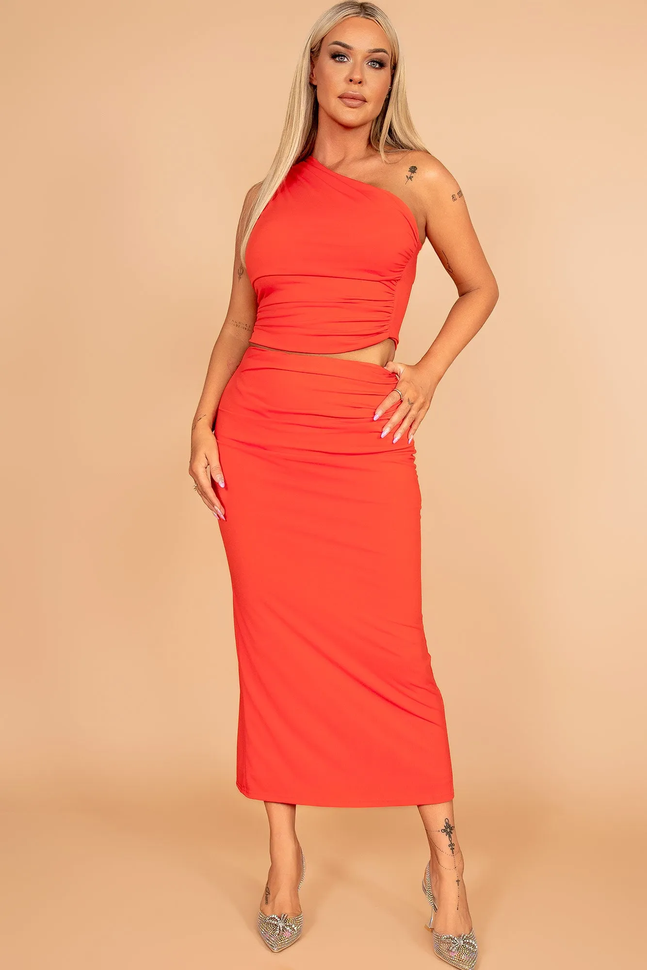 Cole Burnt Orange Ruched Maxi Skirt sold by Va Va Voom