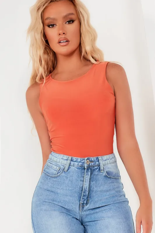 Quinn Bright Orange Sleeveless Slinky Bodysuit sold by Va Va Voom