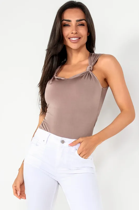 Valerie Taupe Sheen Knot Front Bodysuit sold by Va Va Voom