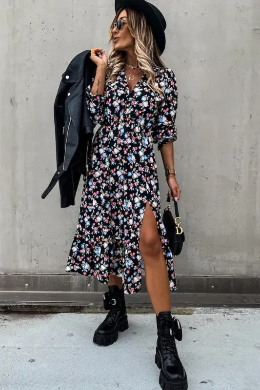 Nisha Black Floral Midi Dress sold by Va Va Voom