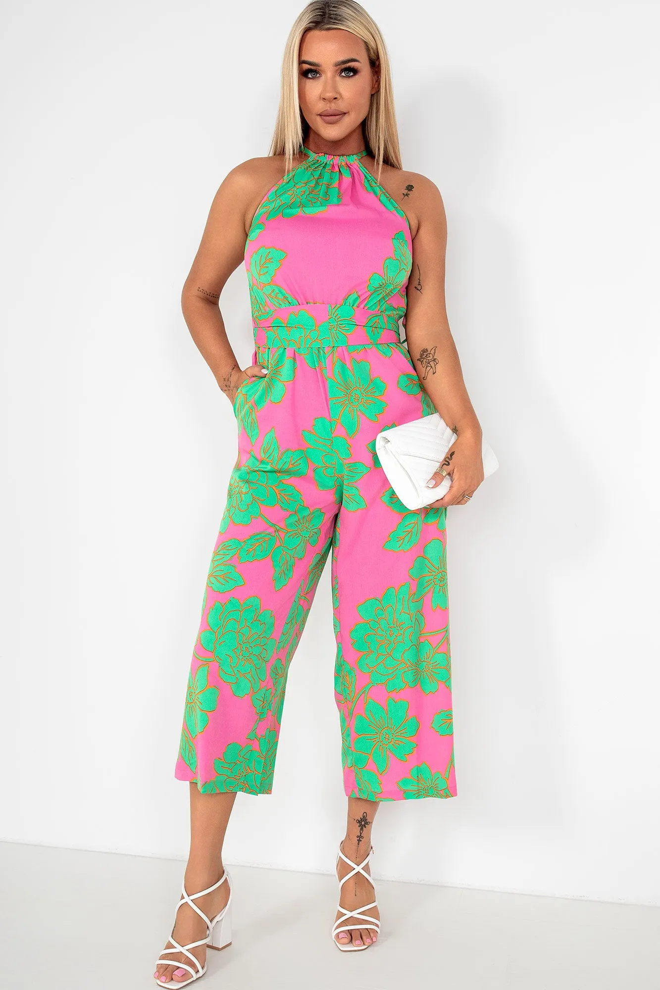 Zafia Green and Pink Floral Jumpsuit sold by Va Va Voom