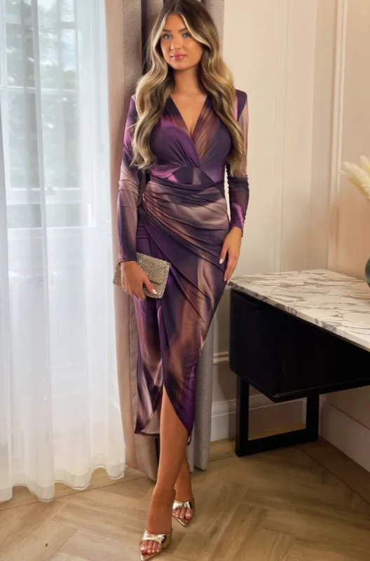 AX Paris Delia Plum Slinky Print Wrap Dress sold by Va Va Voom