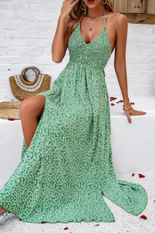 Oleen Green Ditsy Print Halter Neck Dress sold by Va Va Voom