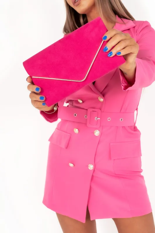 Pamela Fuchsia Suedette Gold Trim Clutch sold by Va Va Voom