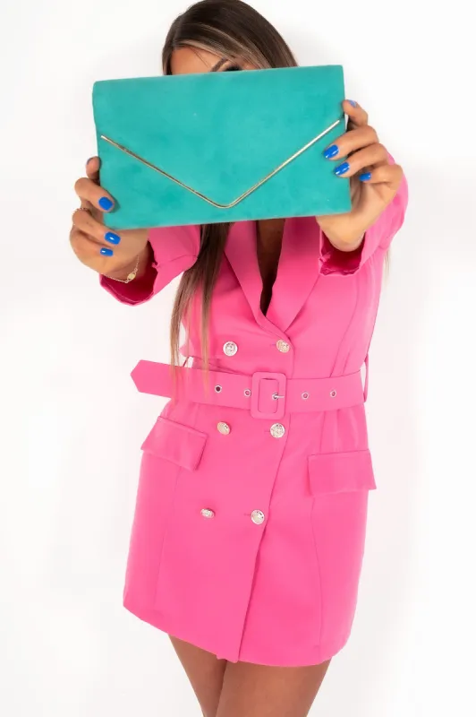Pamela Turquoise Suedette Gold Trim Clutch sold by Va Va Voom