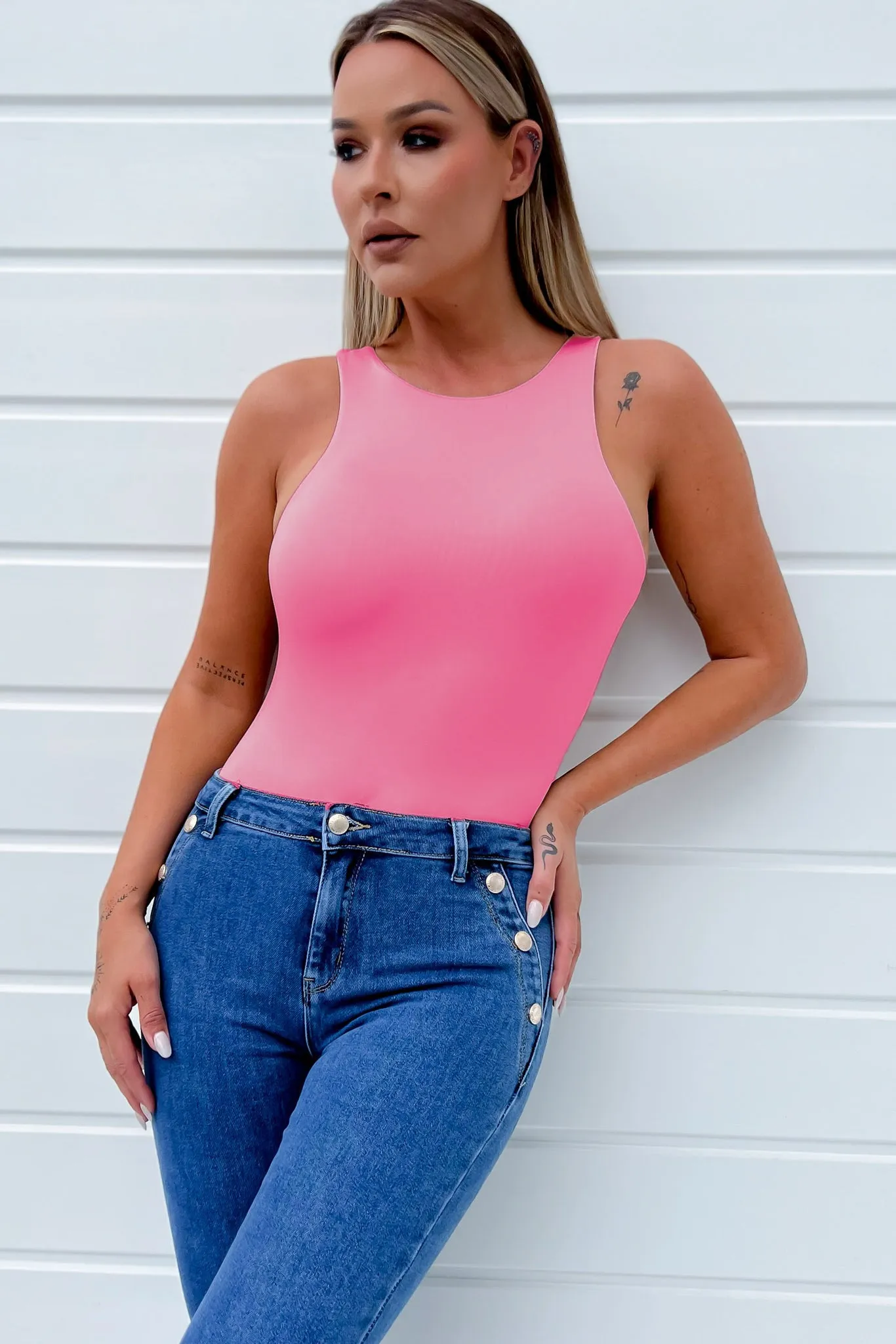 Prim Pink Slinky Sleeveless Bodysuit sold by Va Va Voom