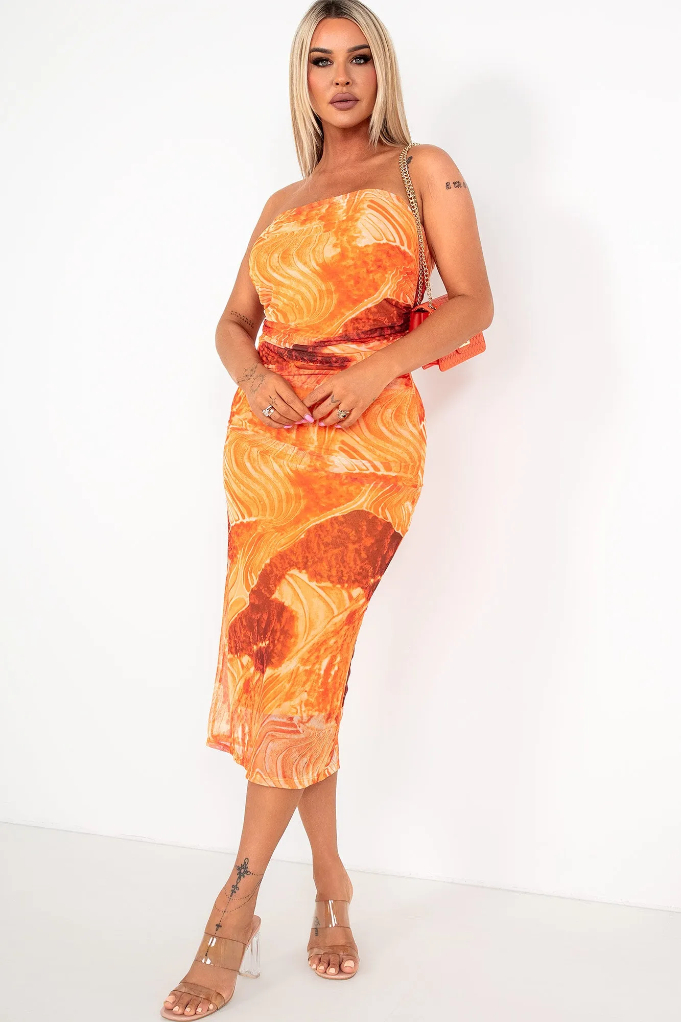 Kelly Orange Mesh Print Bandeau Dress sold by Va Va Voom