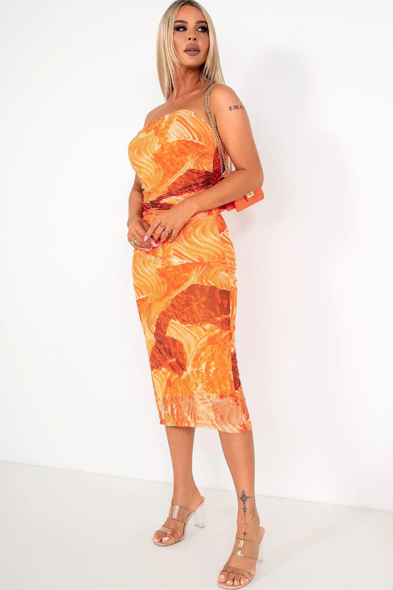 Kelly Orange Mesh Print Bandeau Dress sold by Va Va Voom product image thumbnail 3