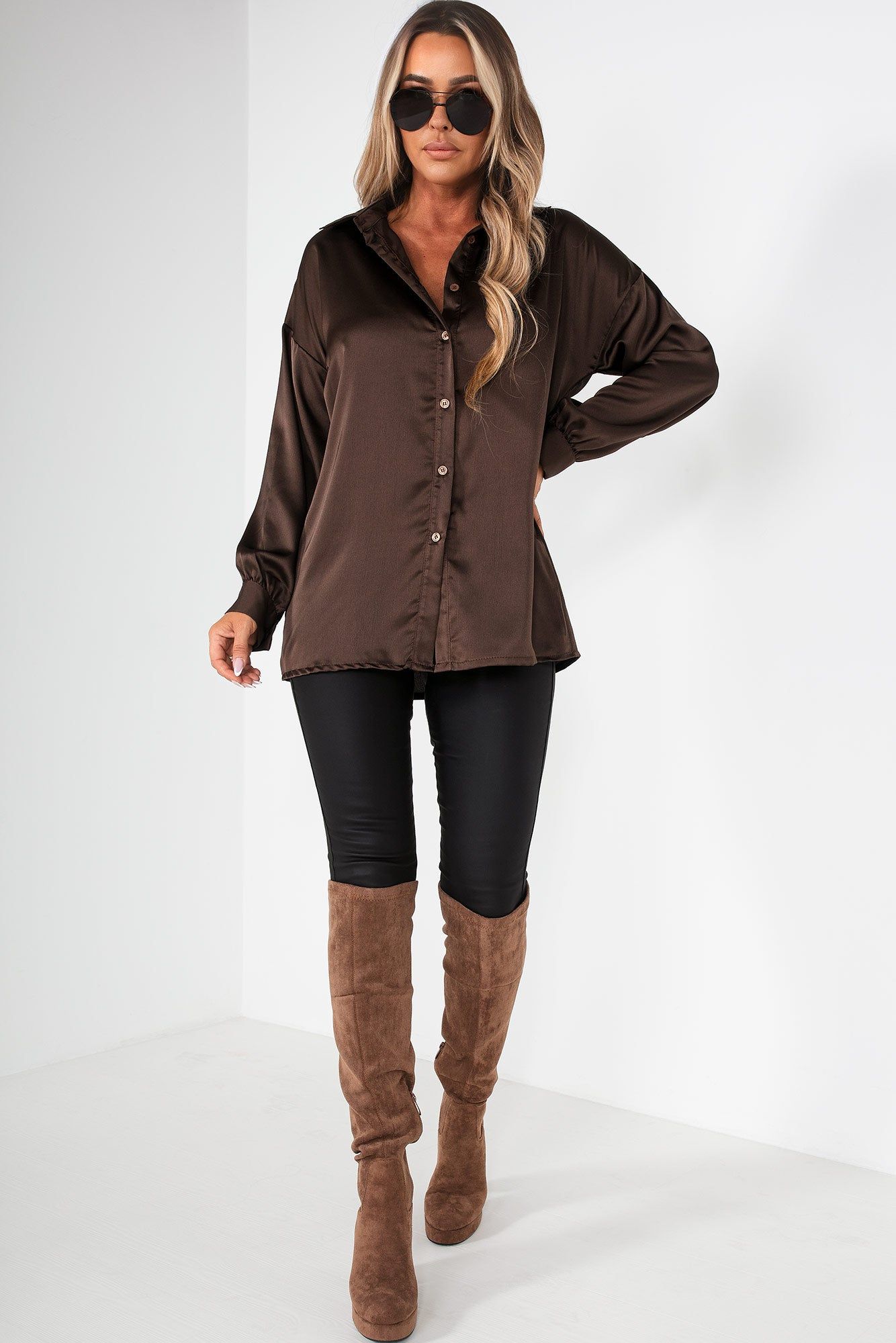 Pixie Chocolate Satin Oversized Shirt sold by Va Va Voom product image thumbnail 4