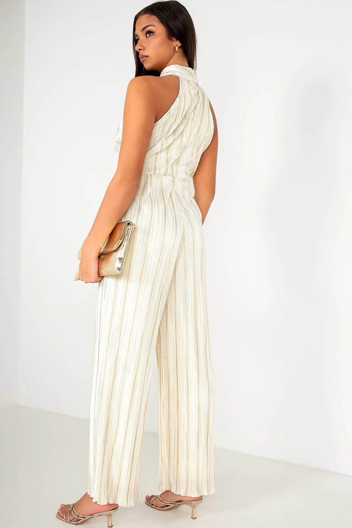 Girl In Mind Gwen Cream and Gold Plisse Jumpsuit sold by Va Va Voom product image thumbnail 3