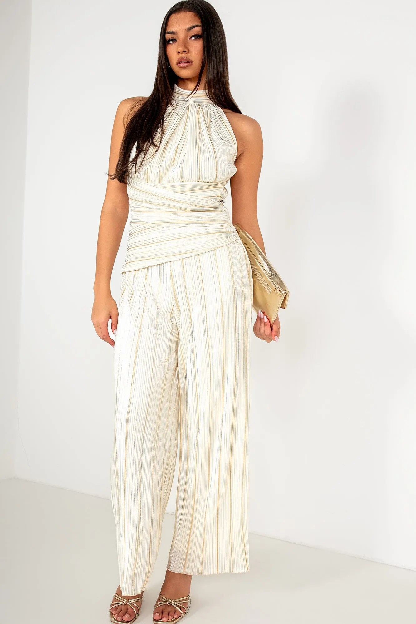 Girl In Mind Gwen Cream and Gold Plisse Jumpsuit sold by Va Va Voom product image thumbnail 4