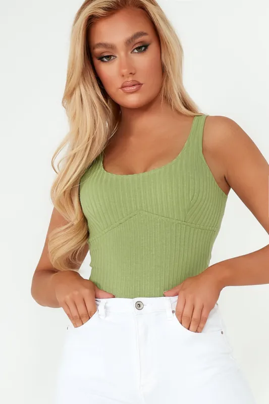 Hesper Green Ribbed Scoop Neck Bodysuit sold by Va Va Voom