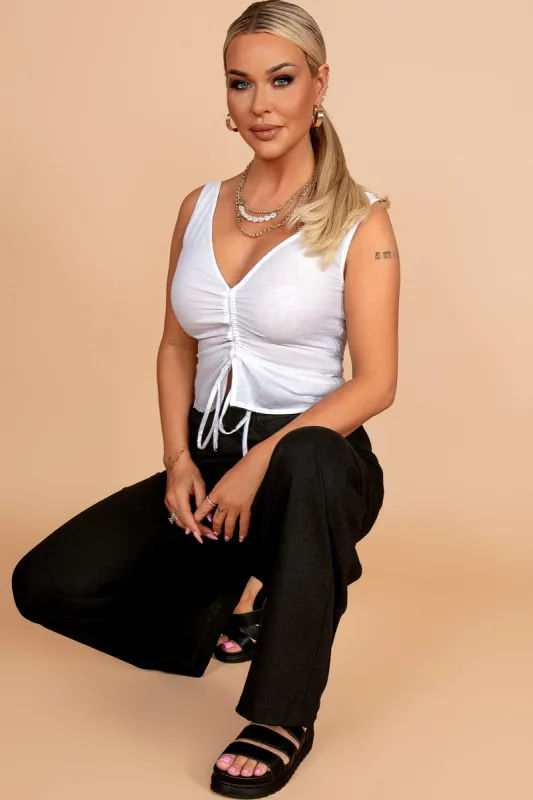 Maisie White Ruched V Neck Top sold by Va Va Voom