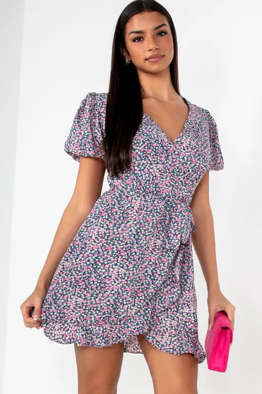 Everlee Pink Ditsy Print Wrap Dress sold by Va Va Voom