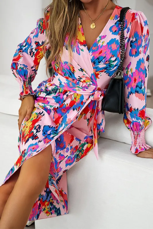 Rena Pink Print Wrap Dress sold by Va Va Voom