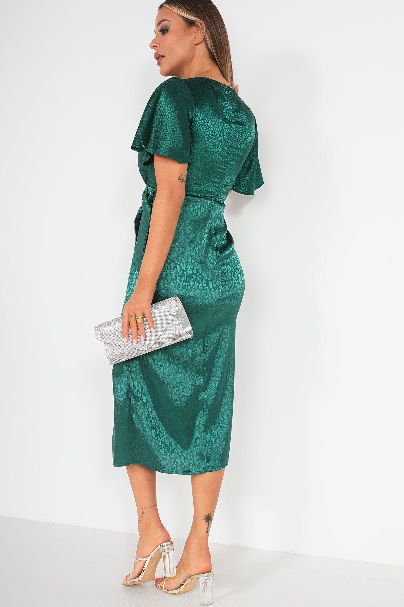 Girl In Mind Scarlett Green Satin Print Dress sold by Va Va Voom product image thumbnail 4