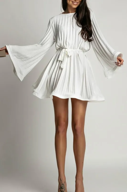 Kori White Pleated Belted Dress sold by Va Va Voom