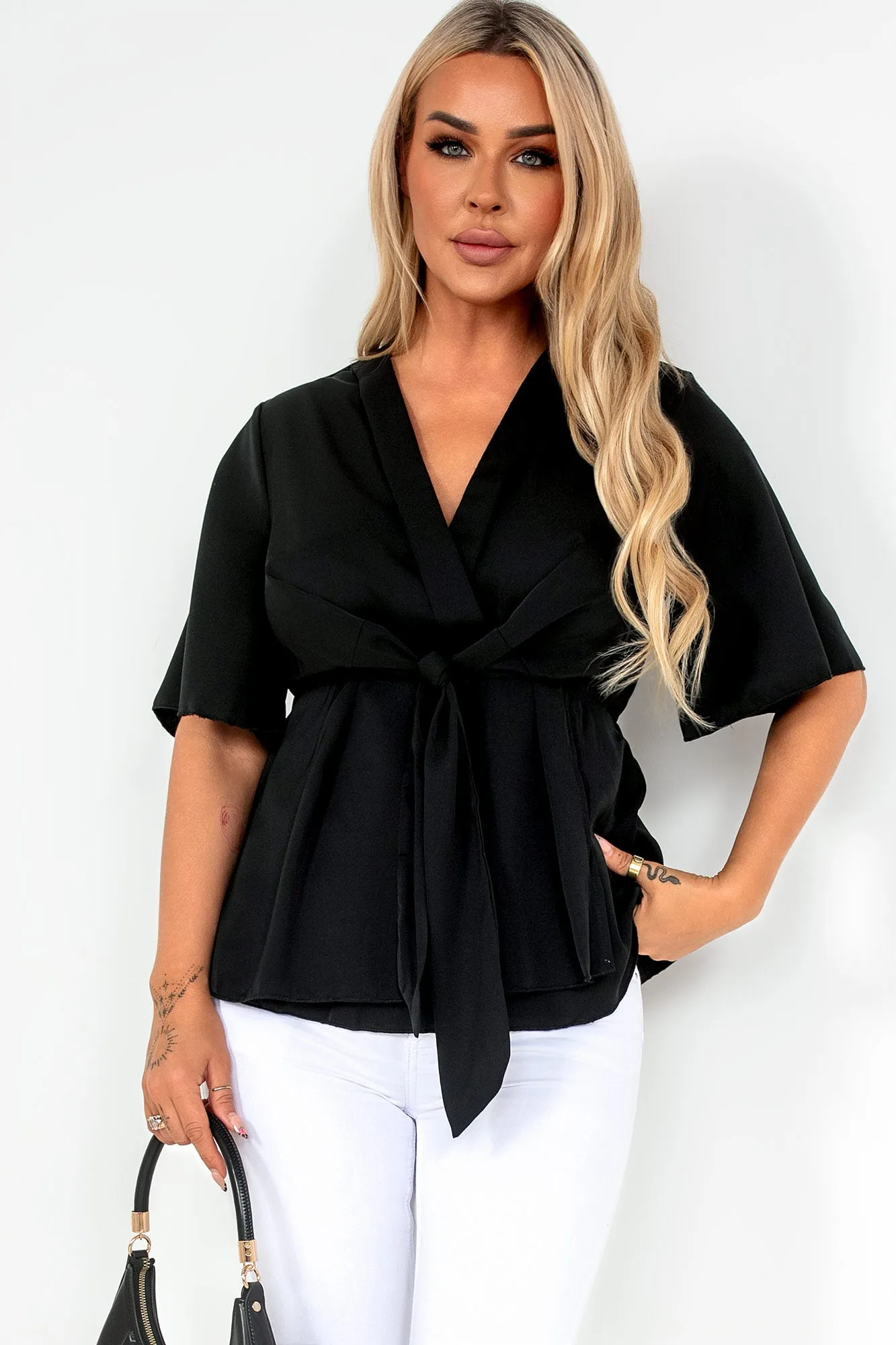 Frida Black Tie Front Wrap Top sold by Va Va Voom