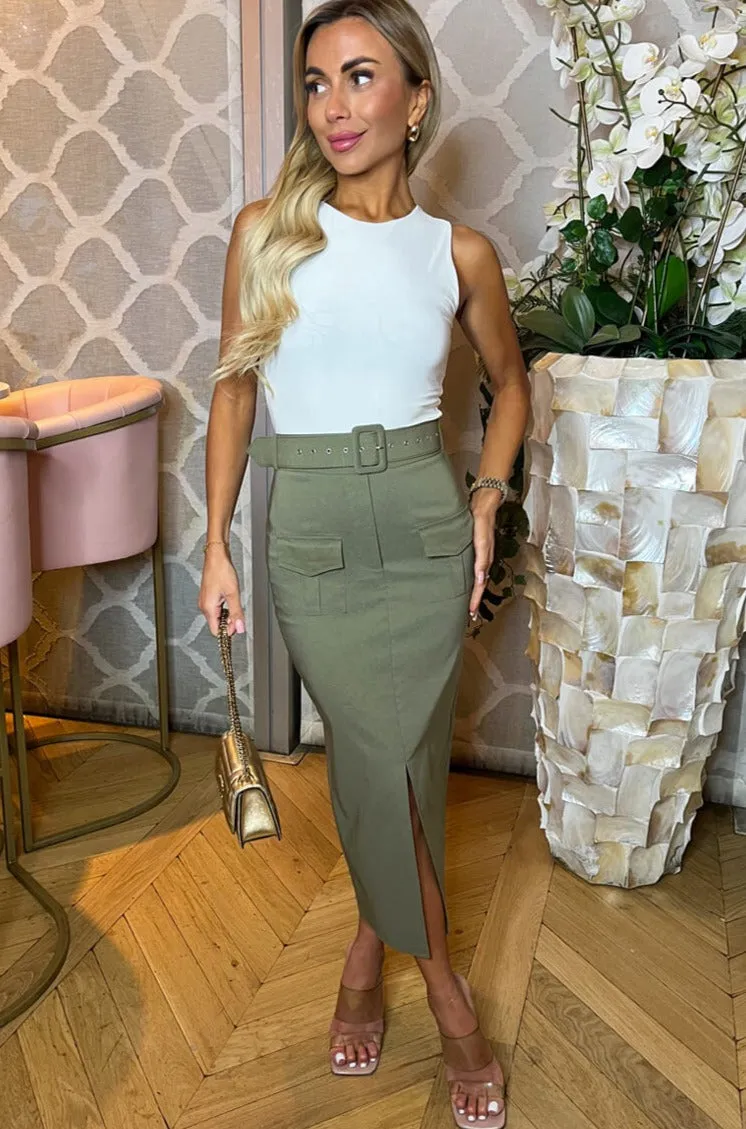 AX Paris Ashton Khaki Belted Cargo Skirt sold by Va Va Voom