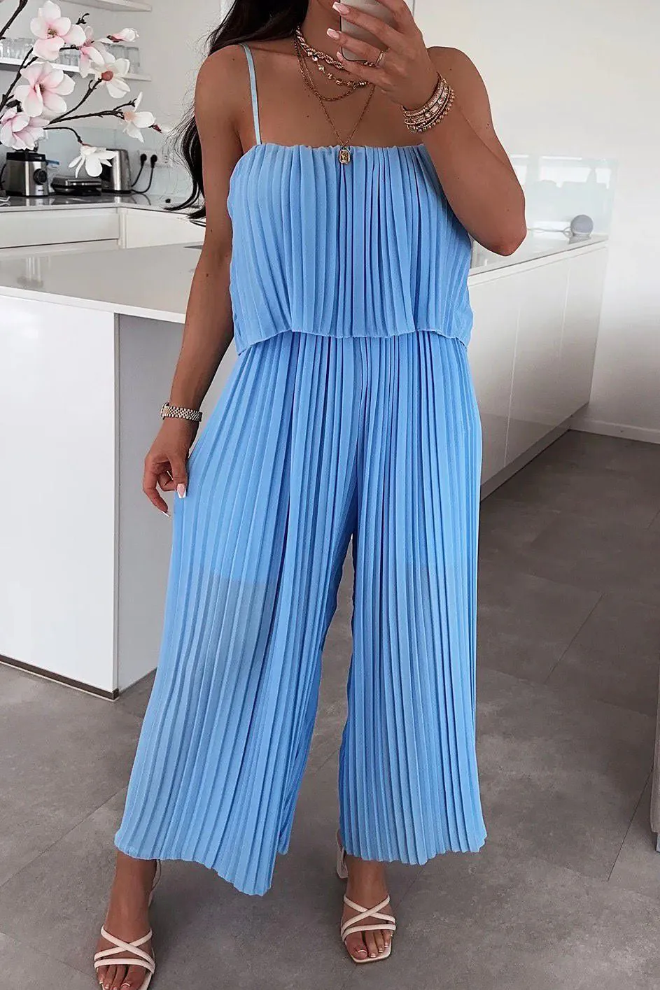 Alyssa Powder Blue Pleated Jumpsuit sold by Va Va Voom