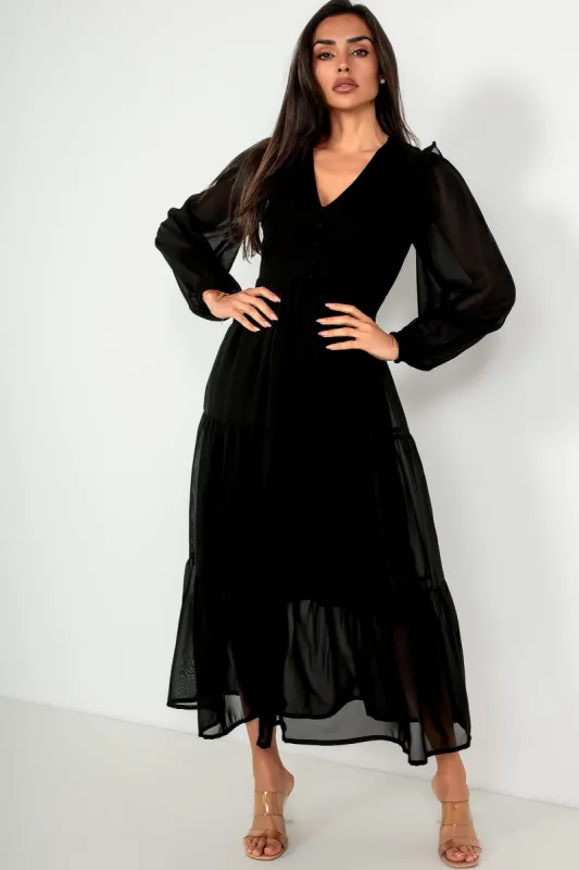 Gertie Black Chiffon Tiered Dress sold by Va Va Voom