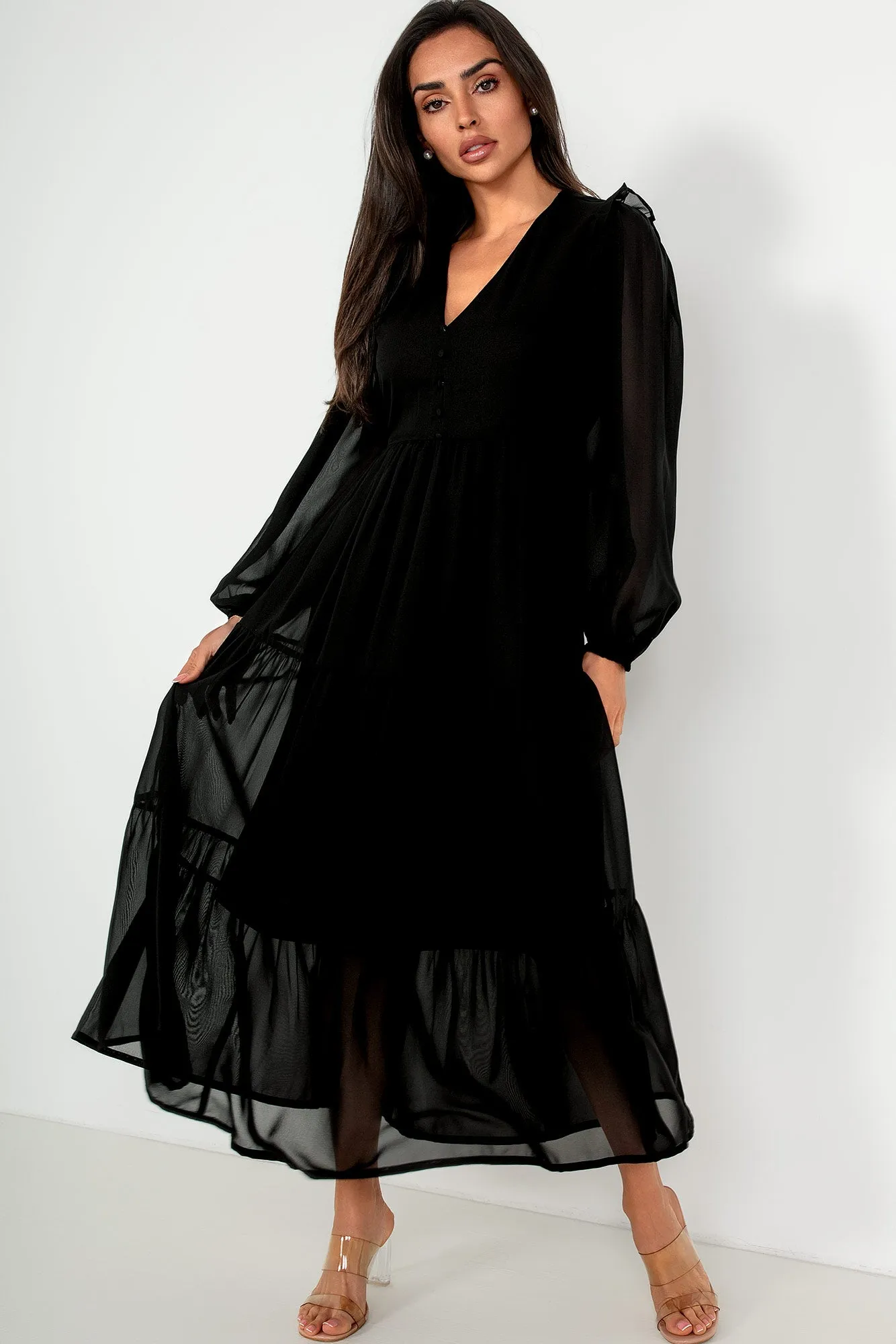 Gertie Black Chiffon Tiered Dress sold by Va Va Voom product image thumbnail 3