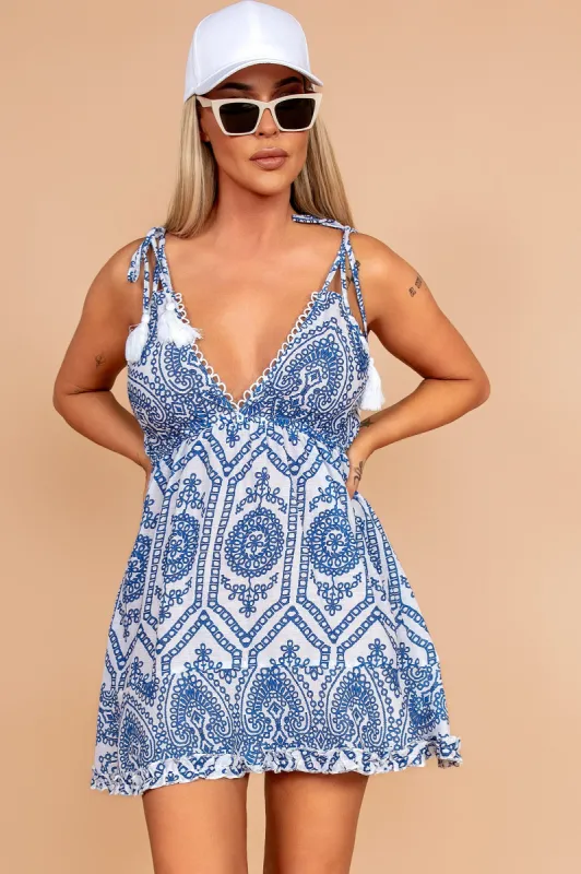 Jesslyn Blue Print Tassel Dress sold by Va Va Voom