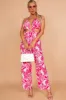 Dora Hot Pink Leaf Print Jumpsuit sold by Va Va Voom