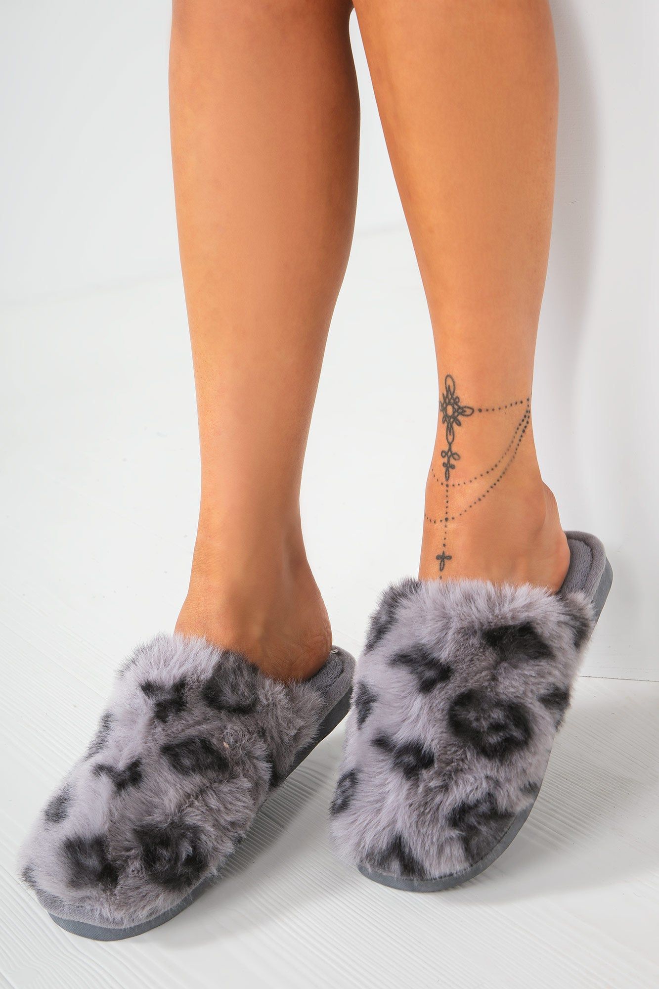 Grayce Grey Faux Fur Slippers sold by Va Va Voom