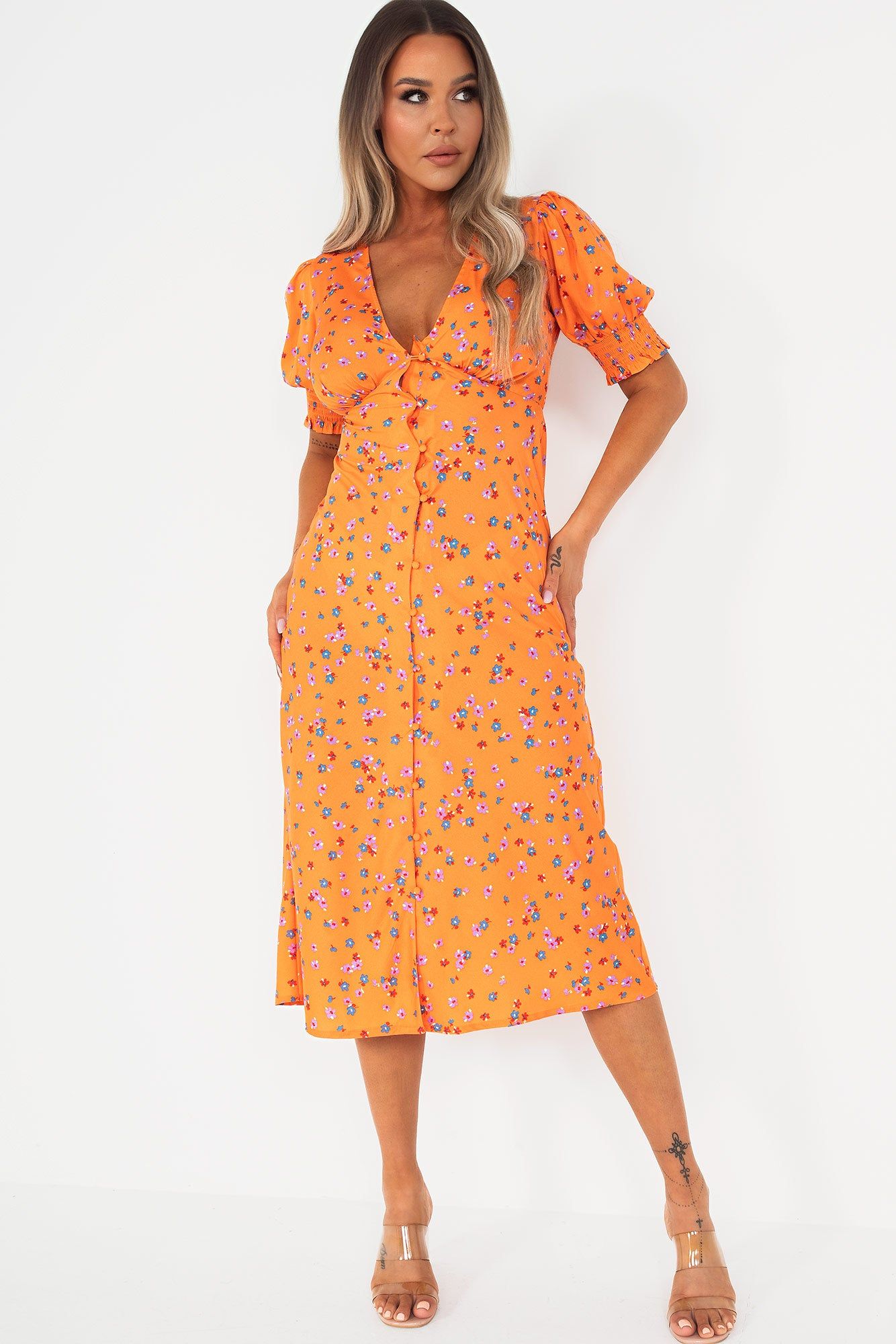 Orlaith Orange Floral Midi Dress sold by Va Va Voom