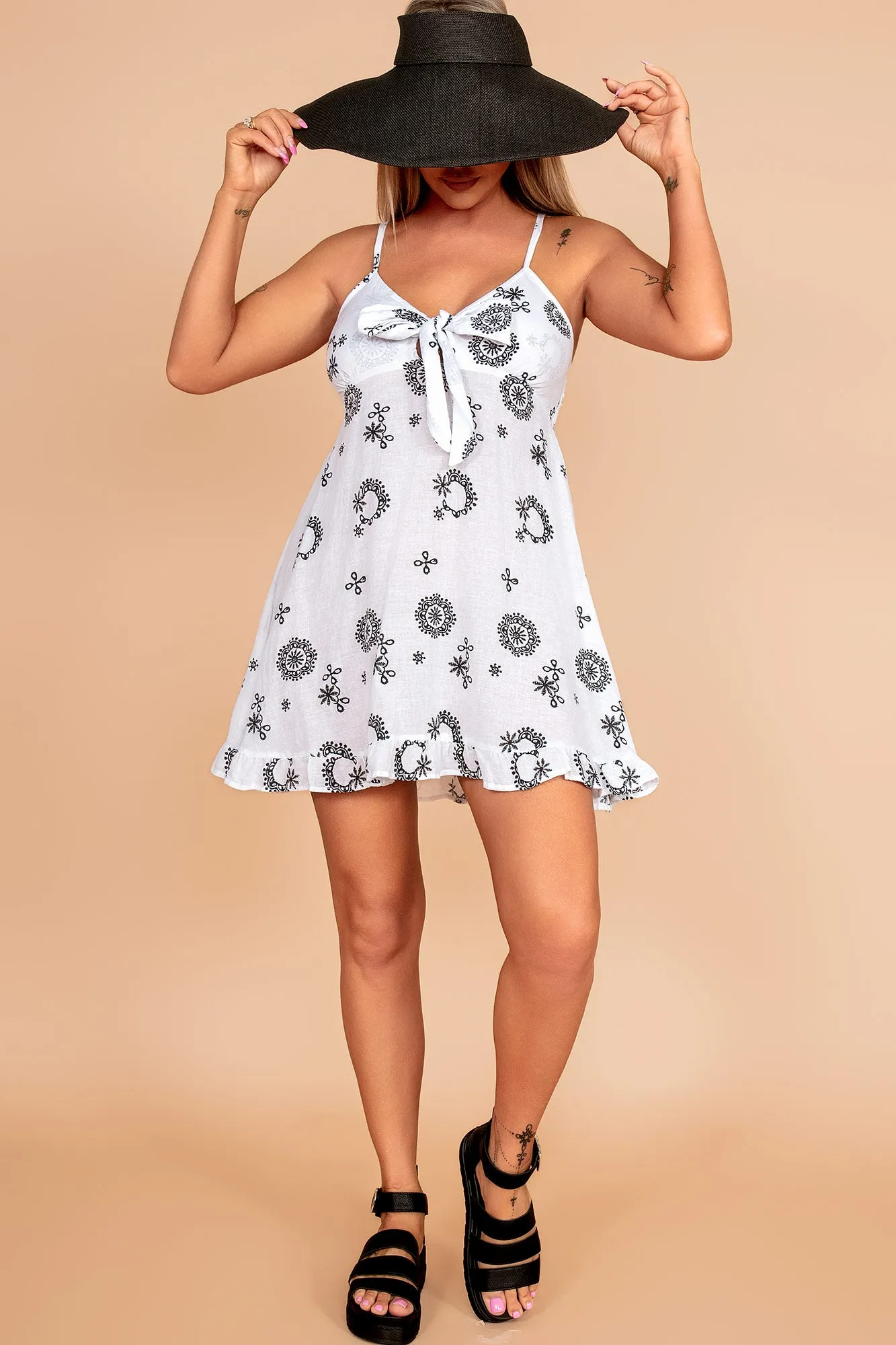 Ivette White Print Tie Front Cami Dress sold by Va Va Voom