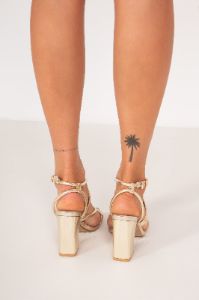 Olga Gold Strappy Block Heels sold by Va Va Voom