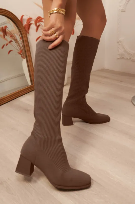 Tessa Chocolate Knit Knee High Boots sold by Va Va Voom