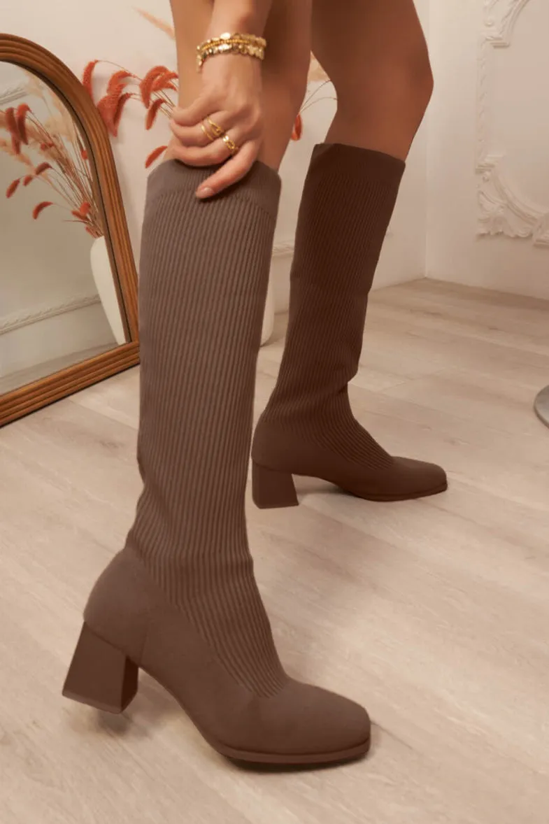 Tessa Chocolate Knit Knee High Boots sold by Va Va Voom