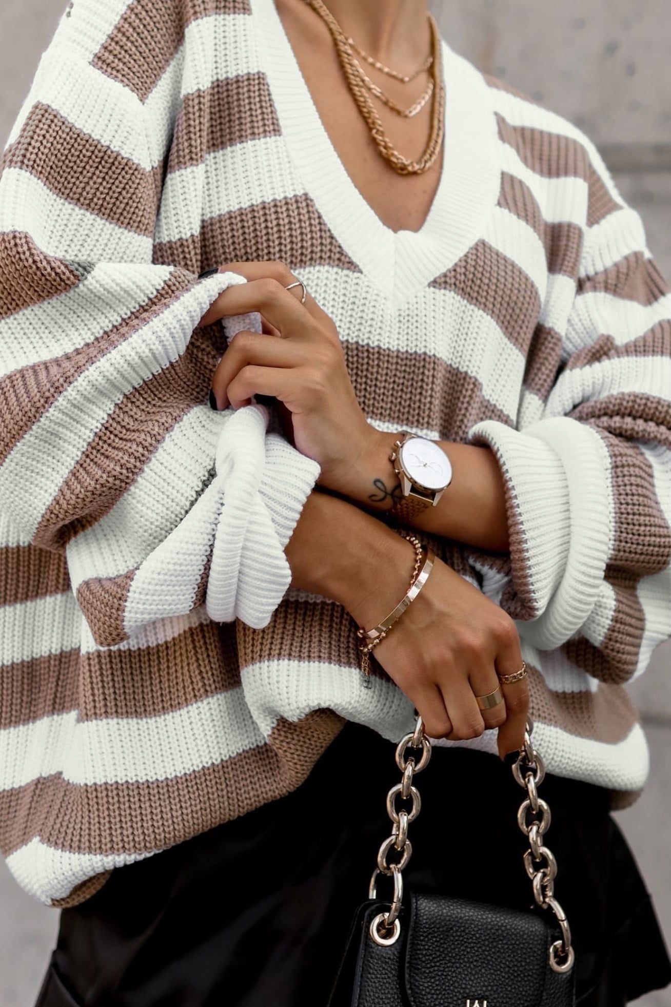 Diana Stone and Cream Striped Knitted Jumper sold by Va Va Voom product image thumbnail 4