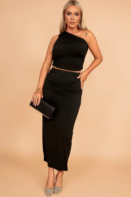 Cole Black Ruched Maxi Skirt sold by Va Va Voom