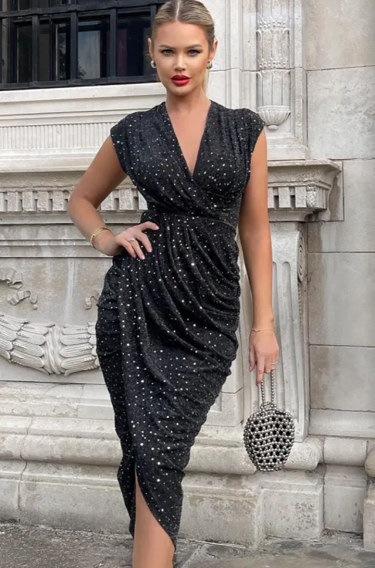 AX Paris Yara Black Sparkle Wrap Dress sold by Va Va Voom