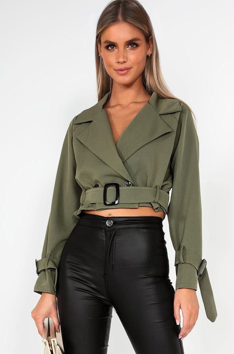 Claudelle Khaki Cropped Jacket sold by Va Va Voom