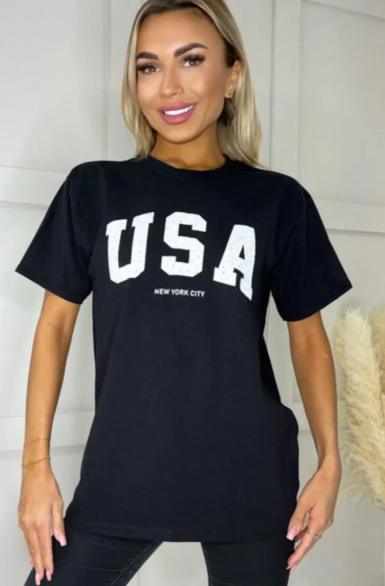 AX Paris Anna Black 'USA' T-Shirt | Parallel