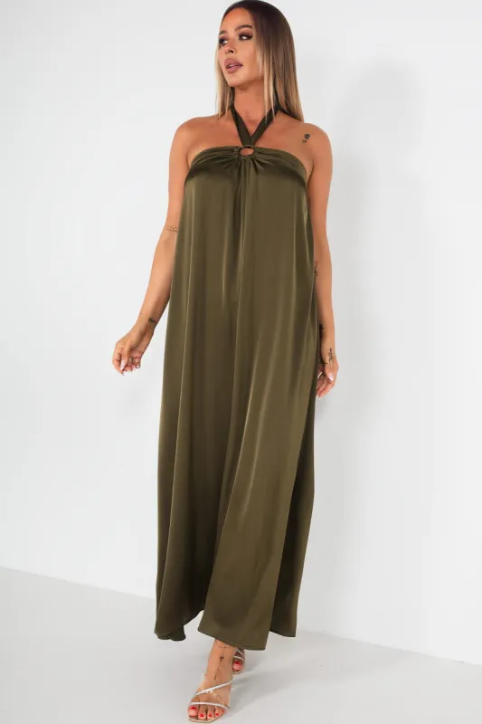 Quetta Khaki Satin Halter Neck Dress sold by Va Va Voom