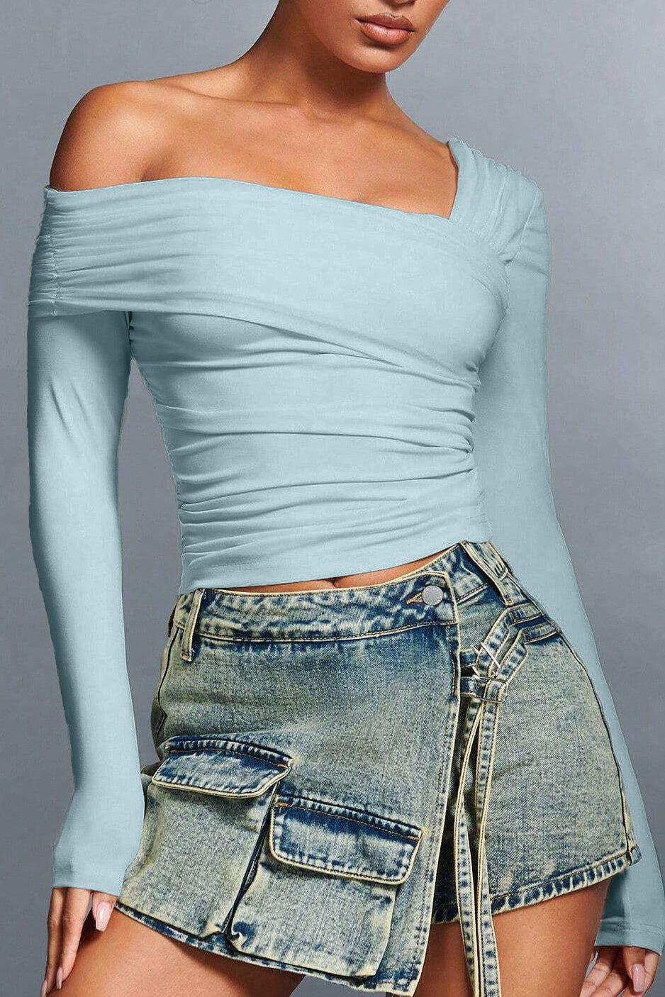 Fiorella Baby Blue Asymmetric Top sold by Va Va Voom product image thumbnail 5