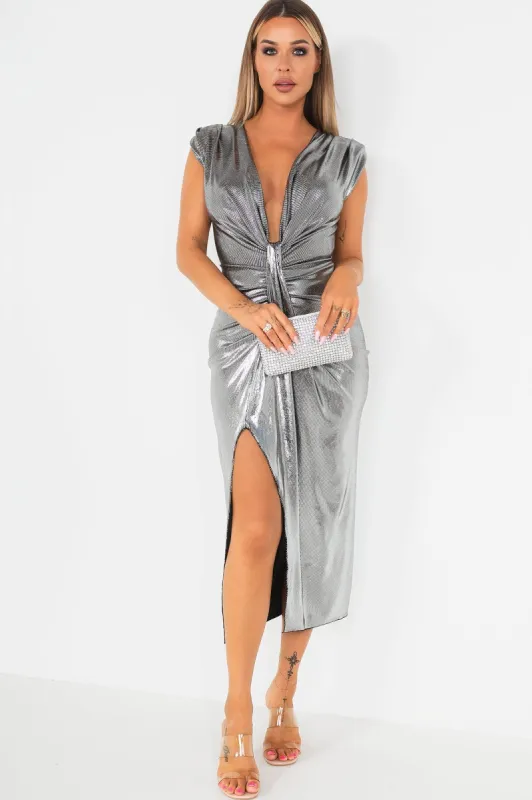 Nevaeh Silver Metallic Knot Front Dress sold by Va Va Voom