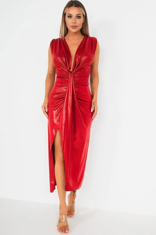 Nevaeh Red Metallic Knot Front Dress sold by Va Va Voom
