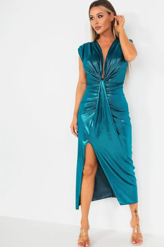 Nevaeh Teal Metallic Knot Front Dress sold by Va Va Voom