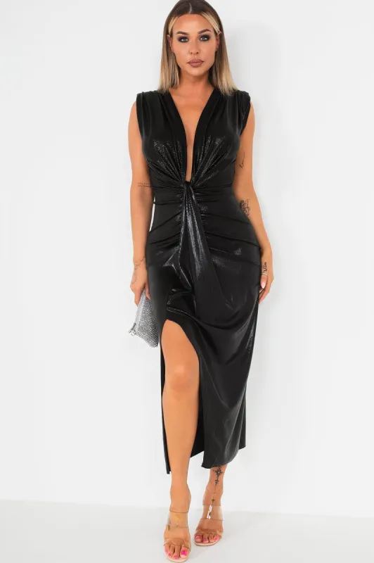 Nevaeh Black Metallic Knot Front Dress sold by Va Va Voom