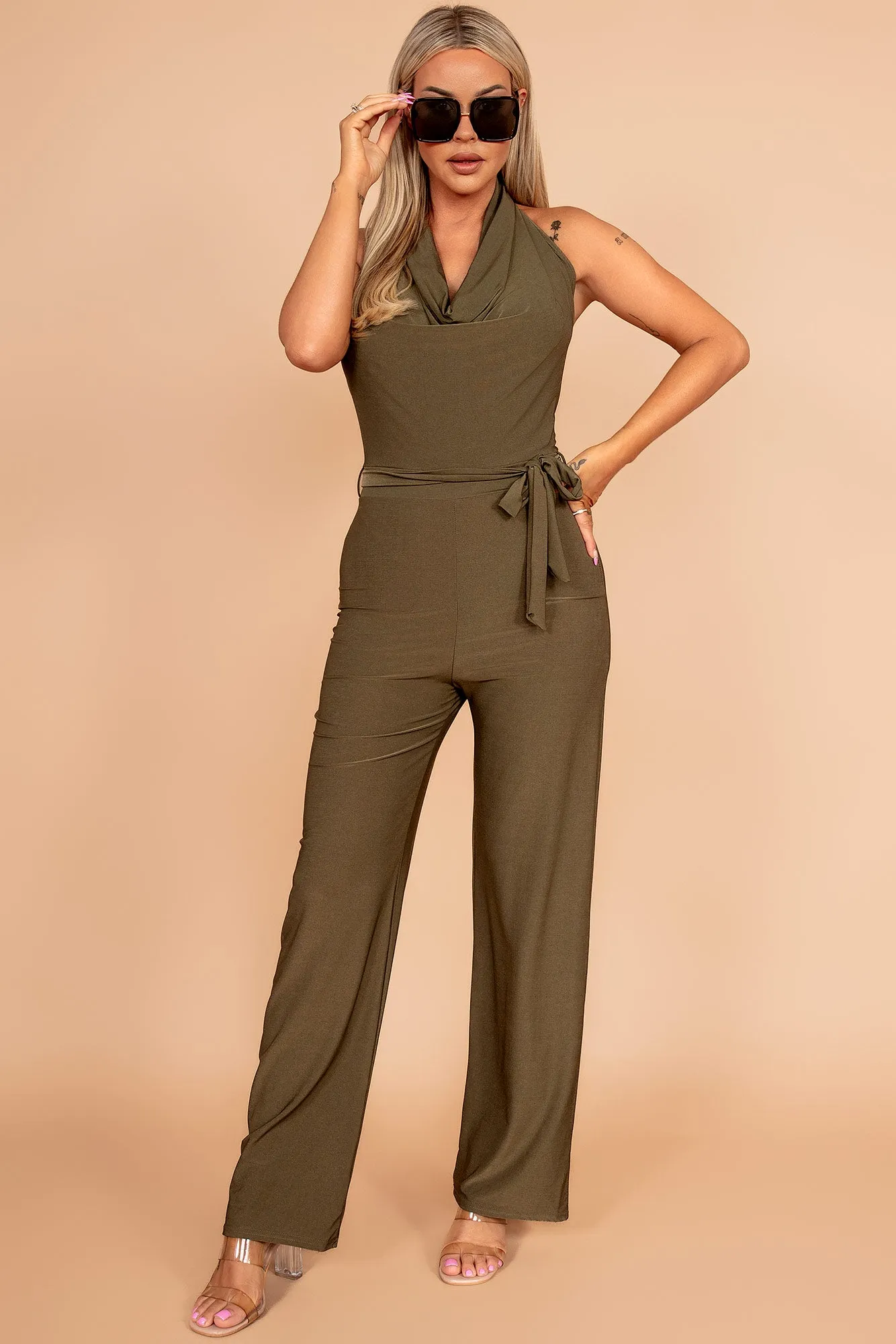 AX Paris Briana Khaki Cowl Neck Jumpsuit sold by Va Va Voom