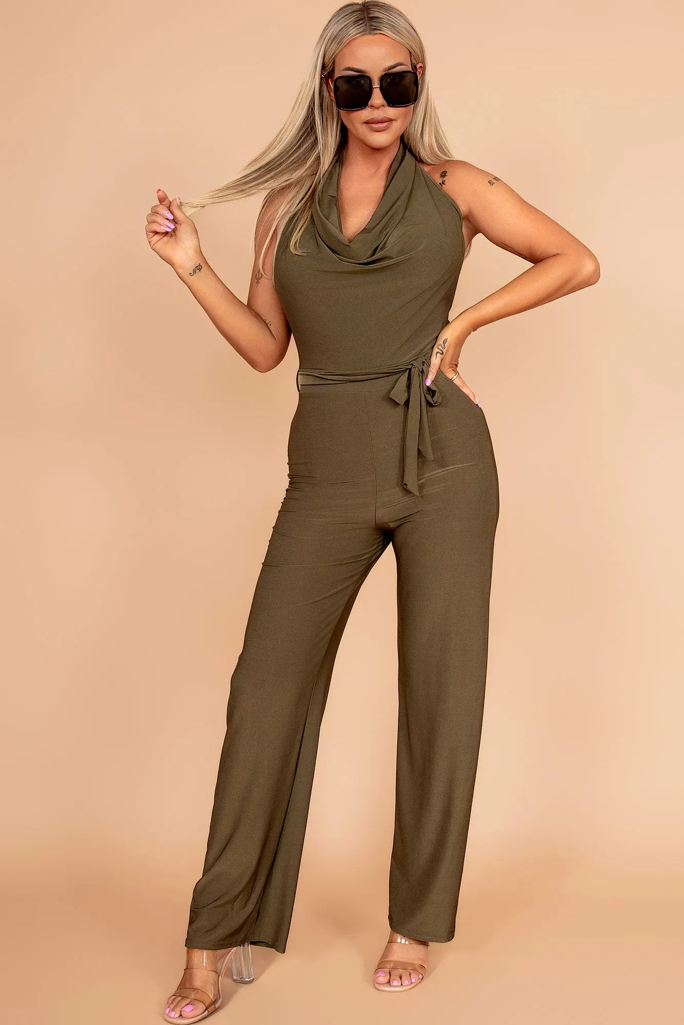 AX Paris Briana Khaki Cowl Neck Jumpsuit sold by Va Va Voom product image thumbnail 4